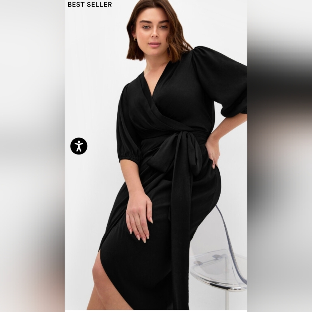 City Chic Black Faux Wrap Midi Dress with Tulip Sleeves - Size 16 - Picture 3 of 11